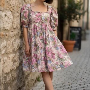 Sofie the Label Floral Square-Neck Puff Sleeve Dress — Soft Pink Floral (small)